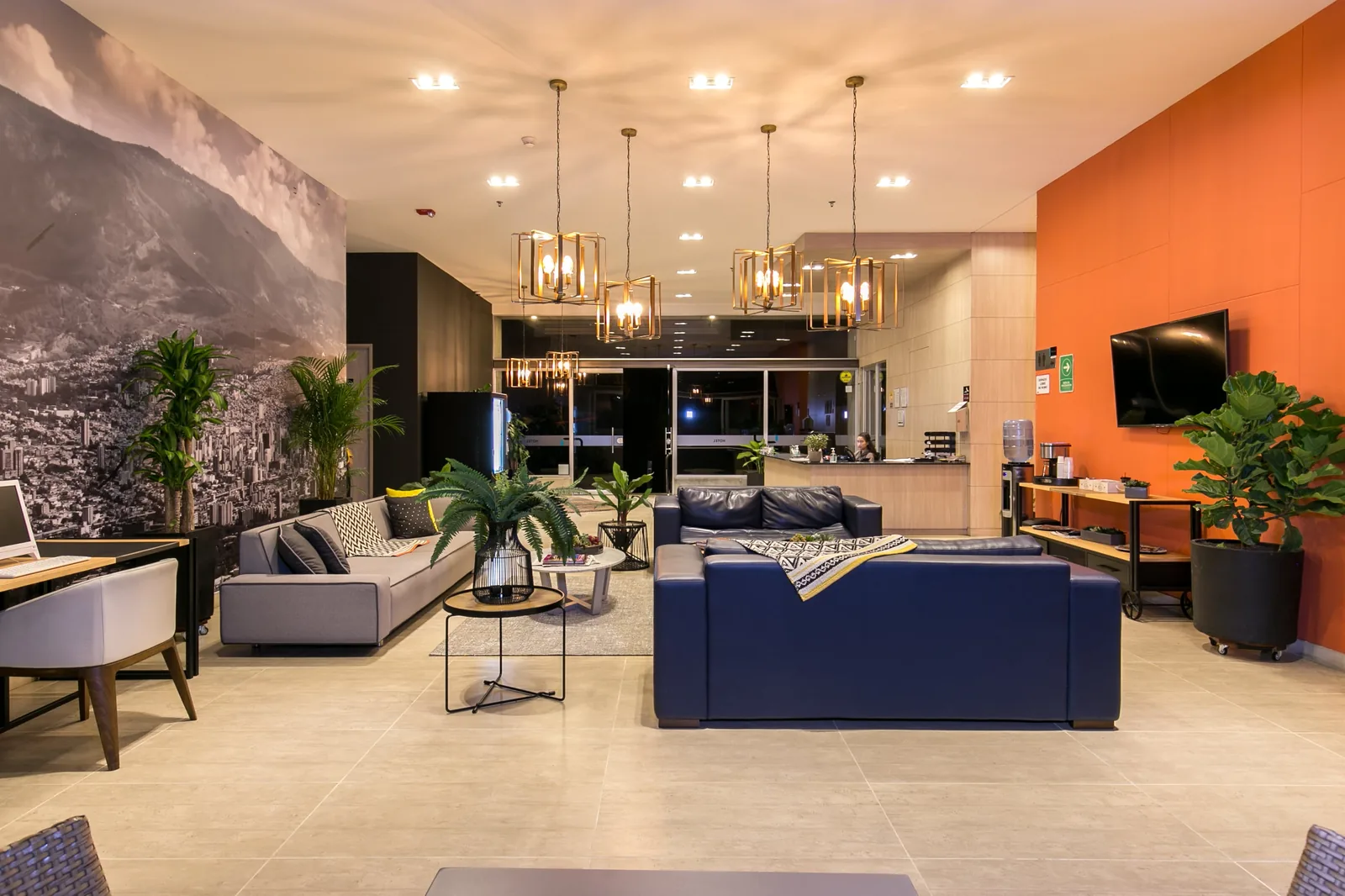 Lobby of Soul Lifestyle Apartments in the evening, El Poblado, Medellín