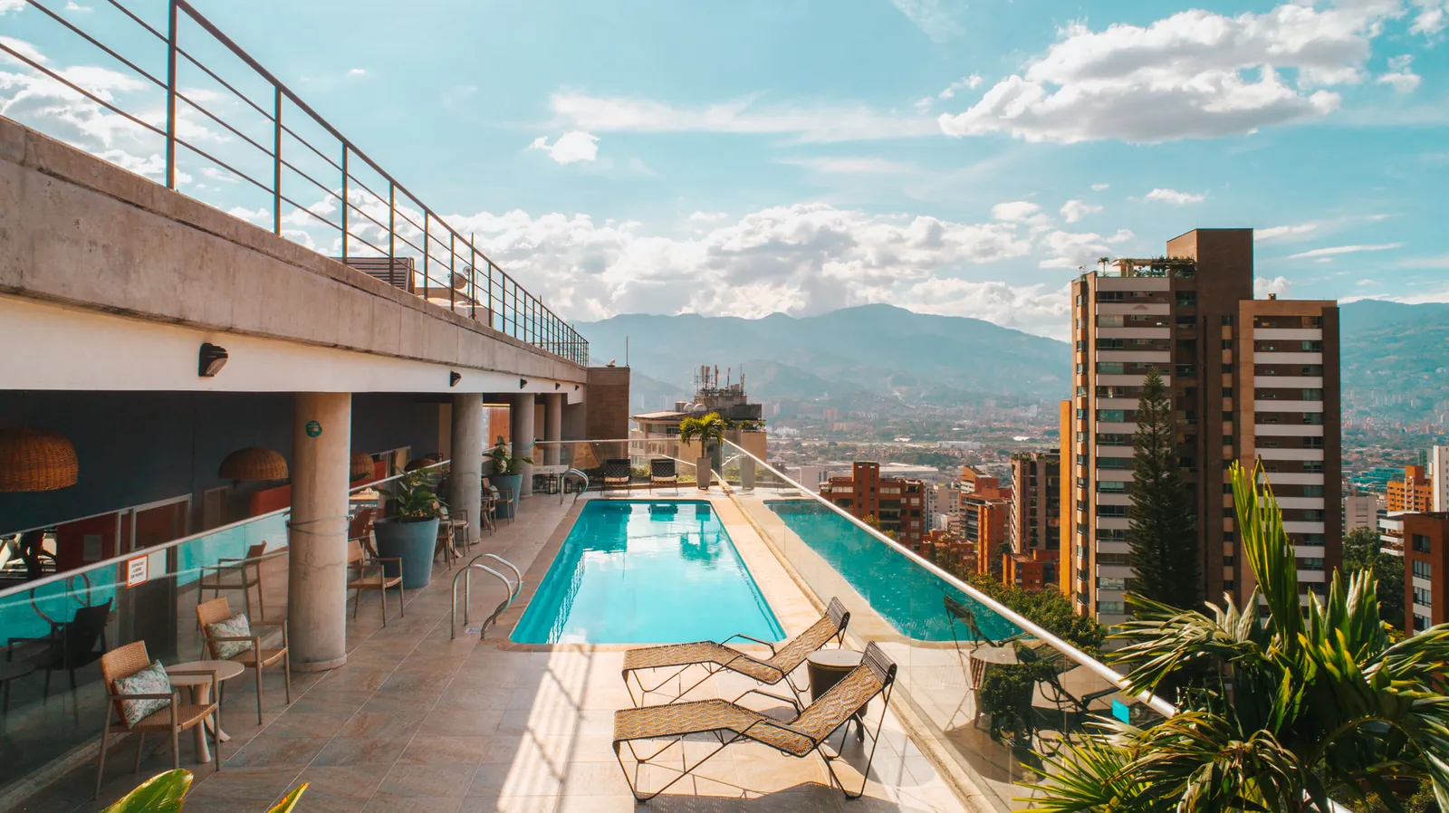 View over El Poblado and Medellín from the Soul Lifestyle rooftop