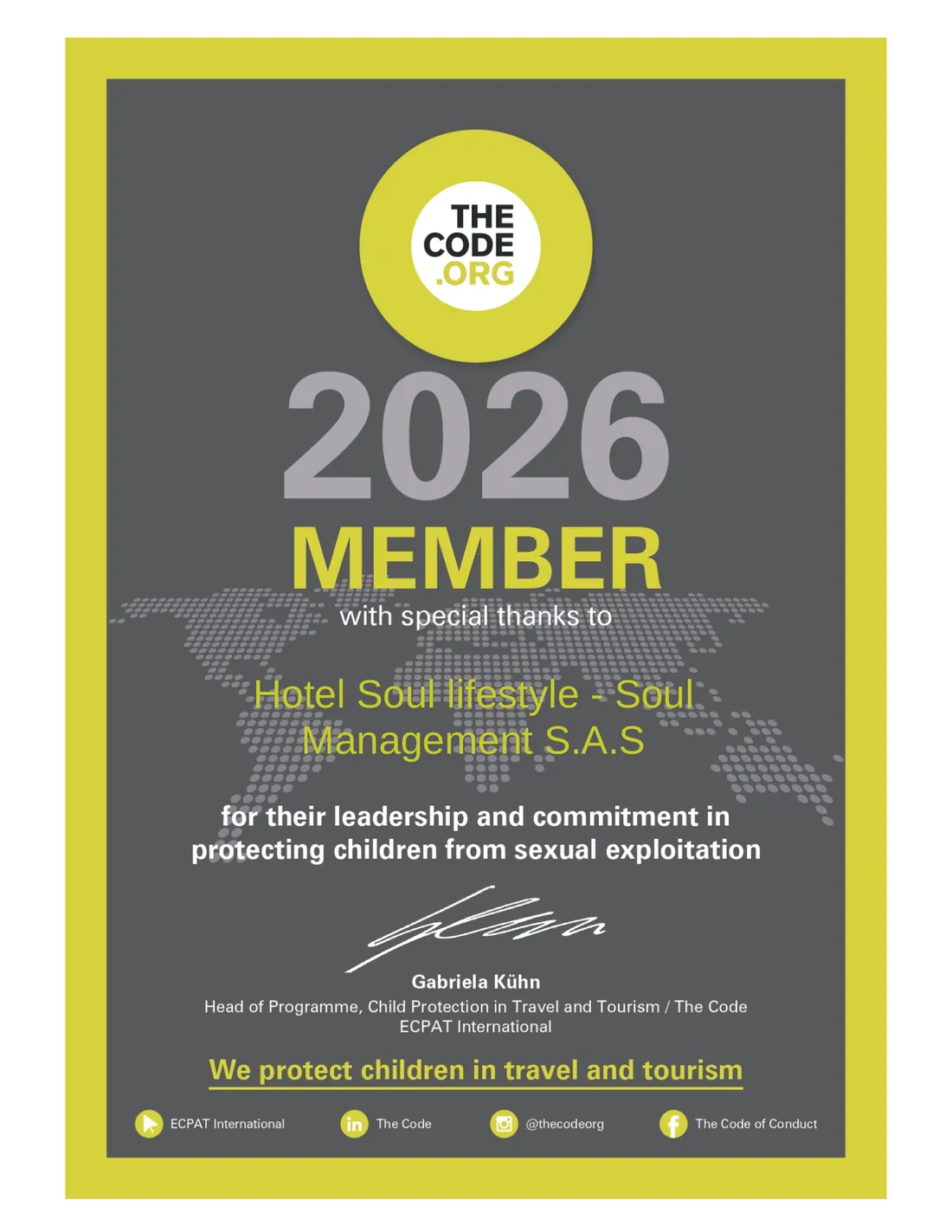 The Code membership certificate 2026 awarded to Soul Management S.A.S. (Hotel Soul) by ECPAT International